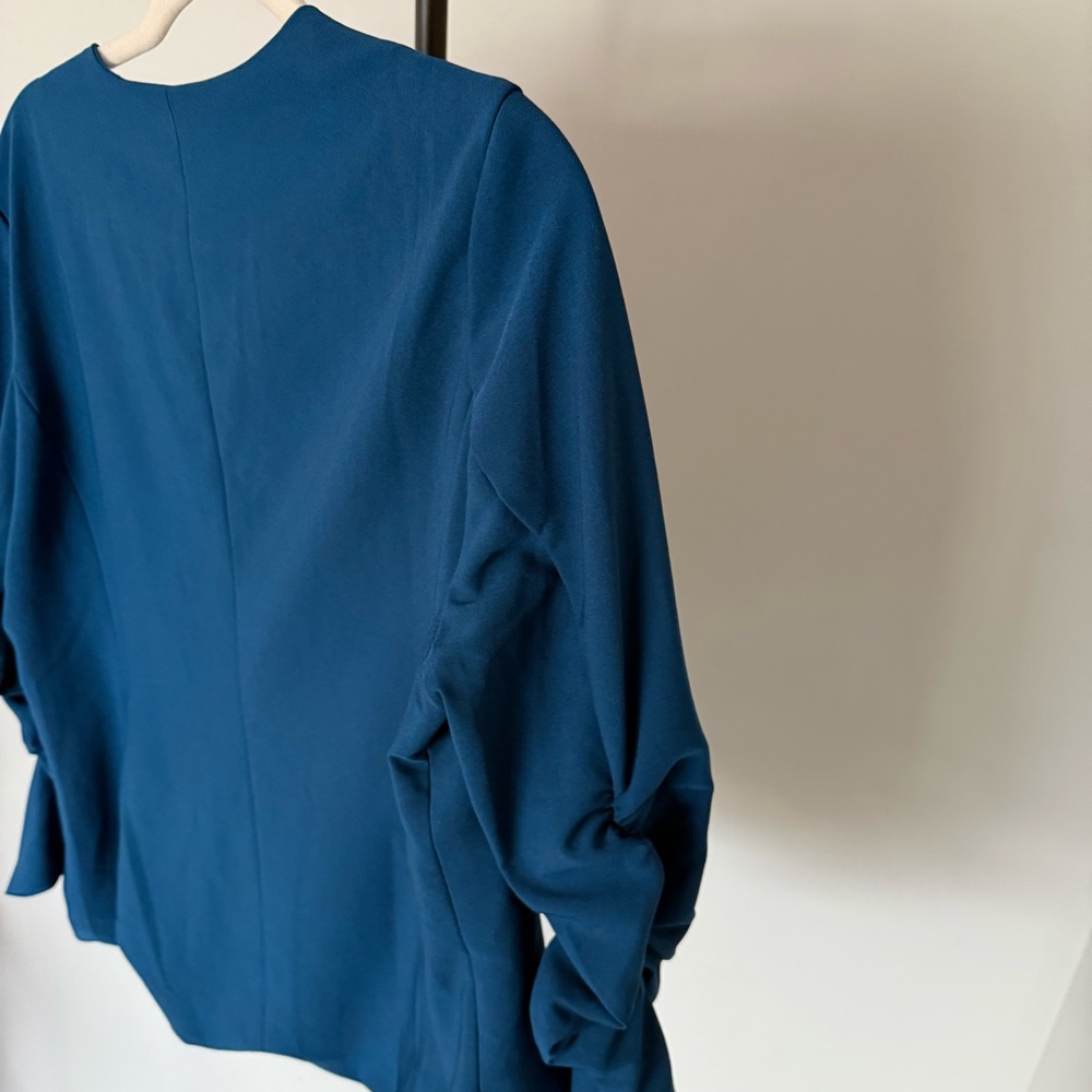 Skies Are Blue Teal Open Front Blazer Ruched Sleeve Large Anthro Style - Picture 7 of 7
